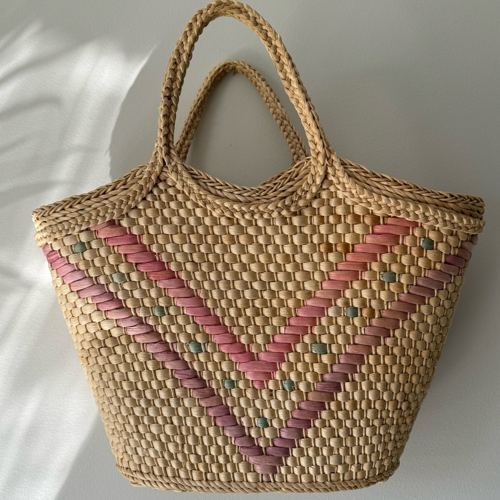 Vintage Woven Pastel Raffia Straw Tote Bag